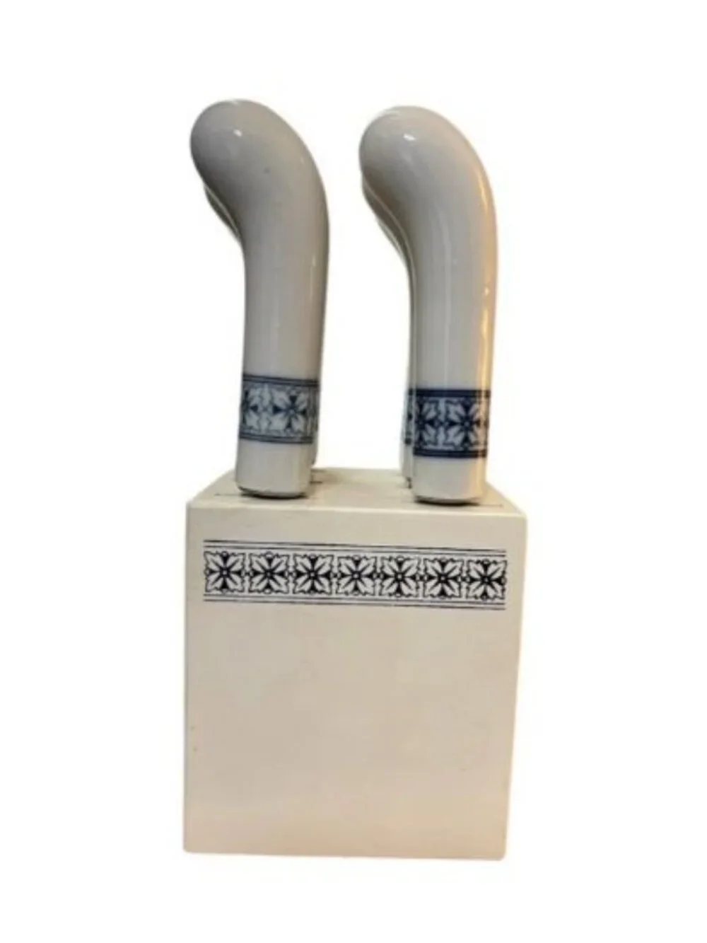 Vintage 6 Ceramic Stainless Steel Cheese Knives In Block Canape Spreader Blue